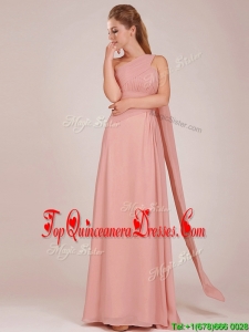 2016 Elegant Empire One Shoulder Ruched Peach Long Dama Dress