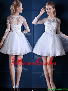 New See Through Scoop Three Fourth Length Sleeves Short Quinceanera Dama Dress in White