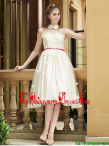 Gorgeous High Neck Champagne Quinceanera Dama Dress with Appliques and Sashes