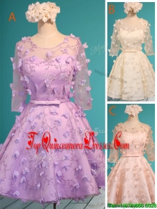 Exclusive See Through Scoop Half Sleeves Quinceanera Dama Dress with Appliques and Belt