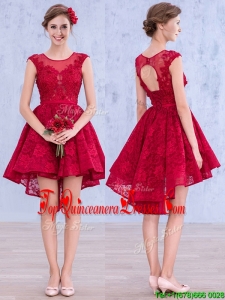 See Through Scoop High Low Wine Red Quinceanera Dama Dress with Lace