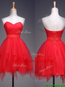 Wonderful Ruffled and Belted Short Quinceanera Dama Dress in Red