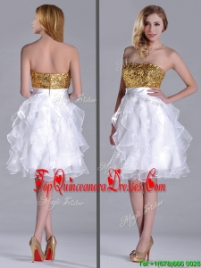 Classical Organza Sequined and Ruffled Dama Dress in White and Gold