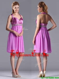 Empire Halter Knee-length Beaded Short Dama Dress in Lilac
