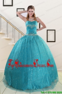 Popular Spaghetti Straps Appliques Sequins Turquoise Quinceanera Dresses for 2015