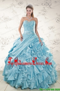 Beading Ruffles Aqua Blue Pretty Organza Quinceanera Dresses for 2015