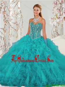 Detachable and Elegant 2015 Top Seller Beading and Ruffles Sweet 15 Dresses in Turquoise