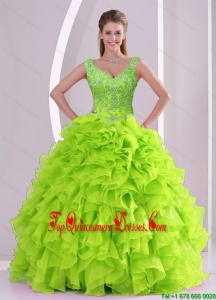 Detachable and Elegant New Arrival Beading and Ruffles Quince Dresses in Green