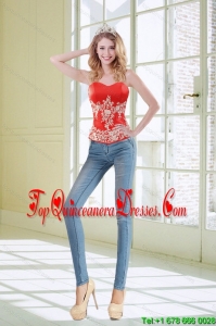 2015 Best Sweetheart Coral Red Corset With Appliques