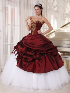 Burgundy And White Quinceanera Dress With Gold Appliques