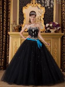 Blace Beading A-line Quinceanera Dress With Blue Waistband