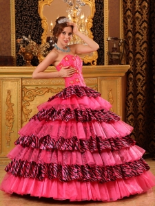Hot Pink Zebra Layered Applique Sweetheart Quinceanera Dress
