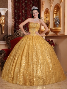 Gold Sequin Beading Sweetheart Ball Gown Quinceanera Dress
