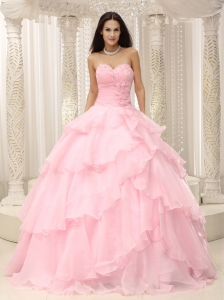 Baby Pink Ruching Flowers Layers Quinceanera Dress Sweetheart