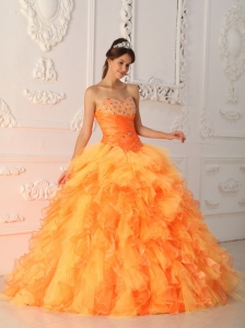 Orange Red Quinceanera Dress Sweetheart Beading and Ruffles