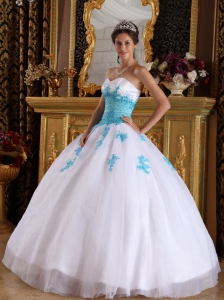 White and Blue Sweetheart Appliques Quinceanera Dress