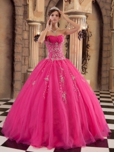 Hot Pink Applique and Beading Organza Quinceanera Dress