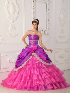 Hot Pink Quinceanera Dress Strapless Organza Taffeta Lace