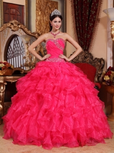 Coral Red Quinceanera Dress Sweetheart Organza Beading