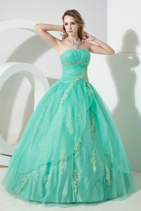 Turquoise Sweet 16 Dress Beading Embroidery Strapless Organza