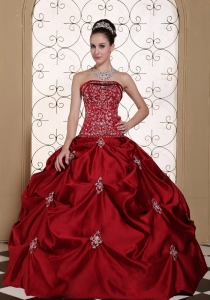 Embroidery Wine Red Pick-ups Dress for Quinceanera 15