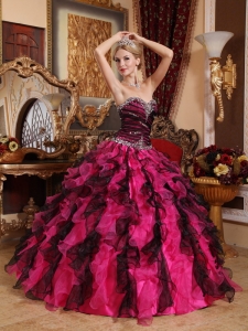 Black and Hot Pink Gown Beaded Ruffles Quinceanera Dresses