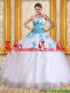 2015 Modest Sweetheart Floor Length Quinceanera Dress in White and Blue