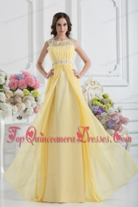 Empire Scoop Beading Ruching Light Yellow Dresses for Dama