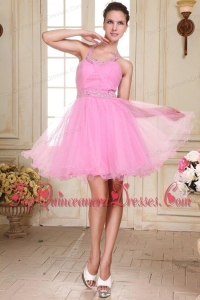 Rose Pink Halter Top Neck Mini-length Beading Dama Dress for Quinceanera with Organza
