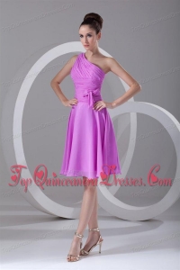 A-line One Shoulder Lilac Chiffon Knee-length Dama Dress for Quinceanera
