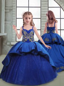 Trendy Sleeveless Taffeta and Tulle Brush Train Lace Up Pageant Dresses in Royal Blue with Embroidery
