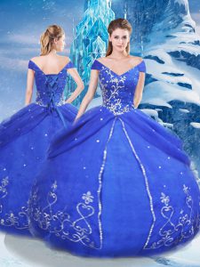 Blue Lace Up Quinceanera Dress Appliques Short Sleeves Floor Length
