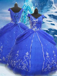 Clearance Blue Ball Gowns Tulle V-neck Short Sleeves Beading and Appliques Floor Length Lace Up Sweet 16 Dress