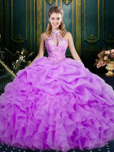 New Style Halter Top Sleeveless Sweet 16 Dresses Floor Length Beading and Ruffles and Pick Ups Lilac Organza