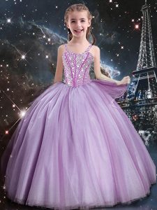 Lilac Ball Gowns Beading Little Girl Pageant Gowns Lace Up Tulle Sleeveless Floor Length