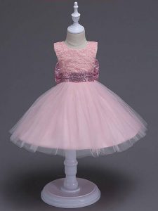 Customized Scoop Sleeveless Tulle Little Girls Pageant Dress Wholesale Lace and Bowknot Zipper