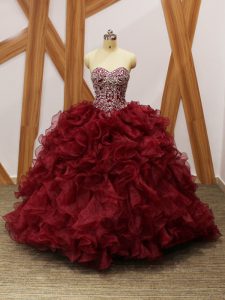 Gorgeous Burgundy Organza Lace Up Quince Ball Gowns Sleeveless Brush Train Beading and Ruffles