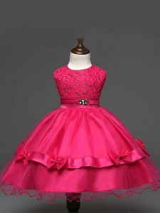 Hot Pink Tulle Zipper Scoop Sleeveless Knee Length Little Girl Pageant Dress Lace and Bowknot