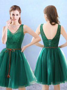 Green Court Dresses for Sweet 16 Prom and Party with Lace V-neck Sleeveless Backless