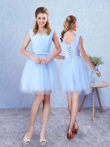 New Style Aqua Blue Sleeveless Tulle Lace Up Dama Dress for Quinceanera for Prom and Party