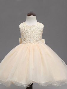 Admirable Sleeveless Backless Knee Length Lace and Bowknot Kids Pageant Dress