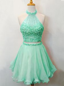 Sleeveless Organza Knee Length Lace Up Quinceanera Court of Honor Dress in Apple Green with Beading