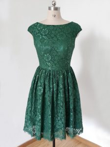 Dark Green Empire Lace Vestidos de Damas Lace Up Lace Cap Sleeves Knee Length