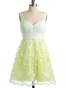 Fabulous Knee Length Yellow Dama Dress for Quinceanera Straps Sleeveless Lace Up