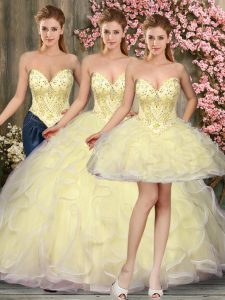 Sleeveless Floor Length Beading and Ruffles Lace Up Quinceanera Dress with Light Yellow