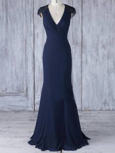 Sumptuous Navy Blue Mermaid Lace Quinceanera Court of Honor Dress Side Zipper Chiffon Cap Sleeves Floor Length