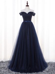 Custom Designed Floor Length Navy Blue Quinceanera Dama Dress Tulle Sleeveless Belt
