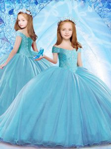Glorious Organza Cap Sleeves Little Girl Pageant Gowns Brush Train and Beading