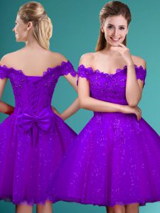 New Style Eggplant Purple A-line Tulle Off The Shoulder Cap Sleeves Lace and Belt Knee Length Lace Up Quinceanera Court of Honor Dress