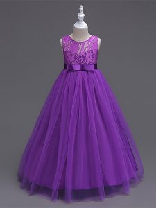 Purple Tulle Zipper Scoop Sleeveless Floor Length Girls Pageant Dresses Lace
